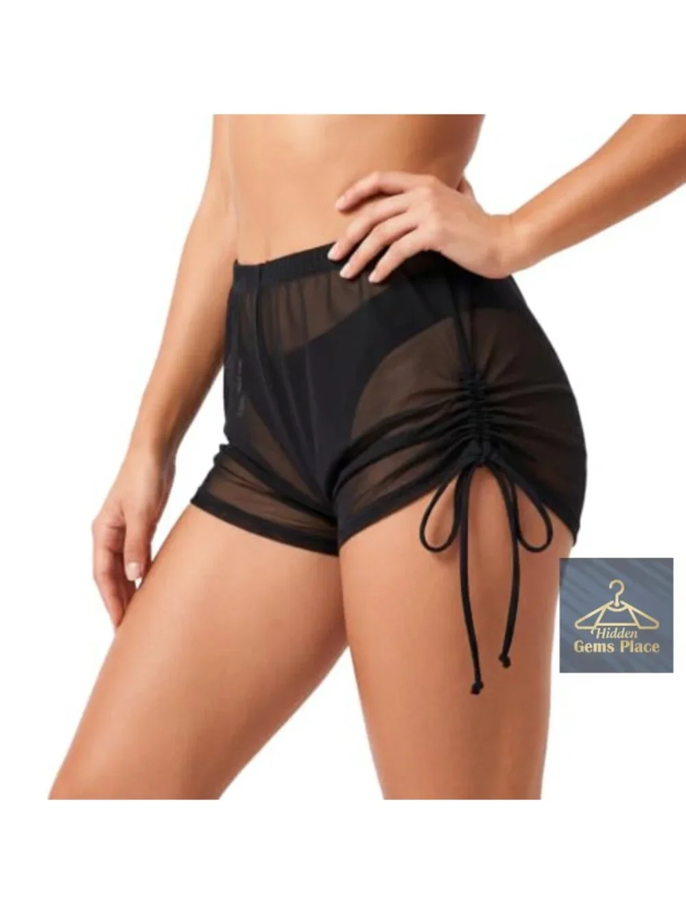 Women's Sheer Mesh See Through Swim Beach Cover Up Shorts with Drawstring